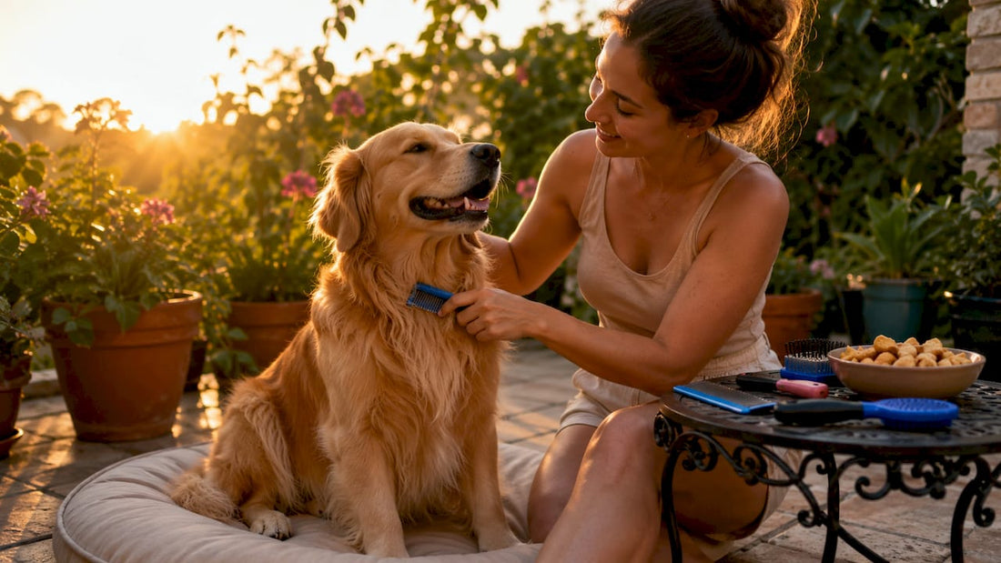 Owner brushing golden retriever calmly