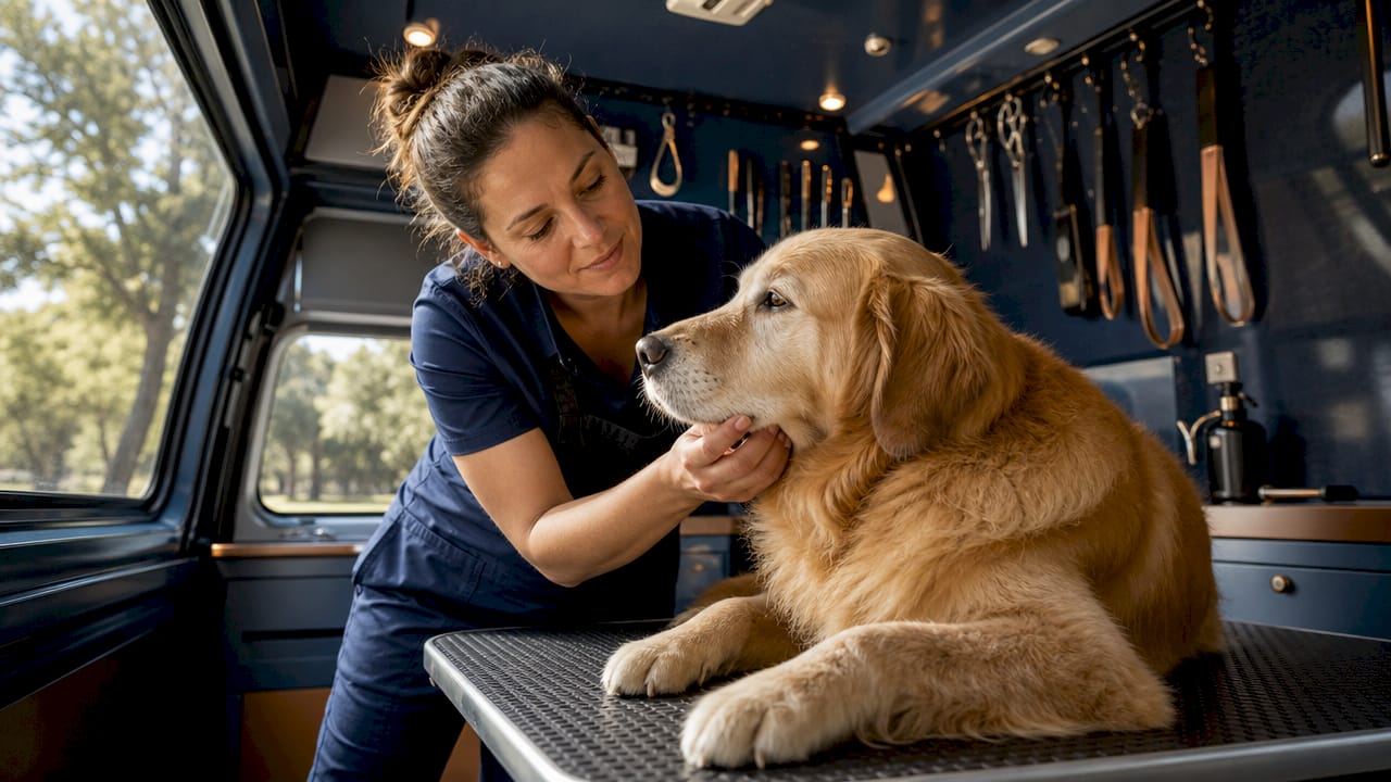 Mobile pet care professional grooming dog inside van