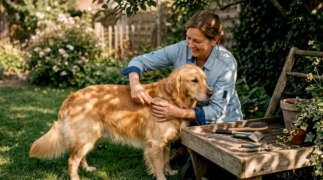 Woman brushing golden retriever on porch