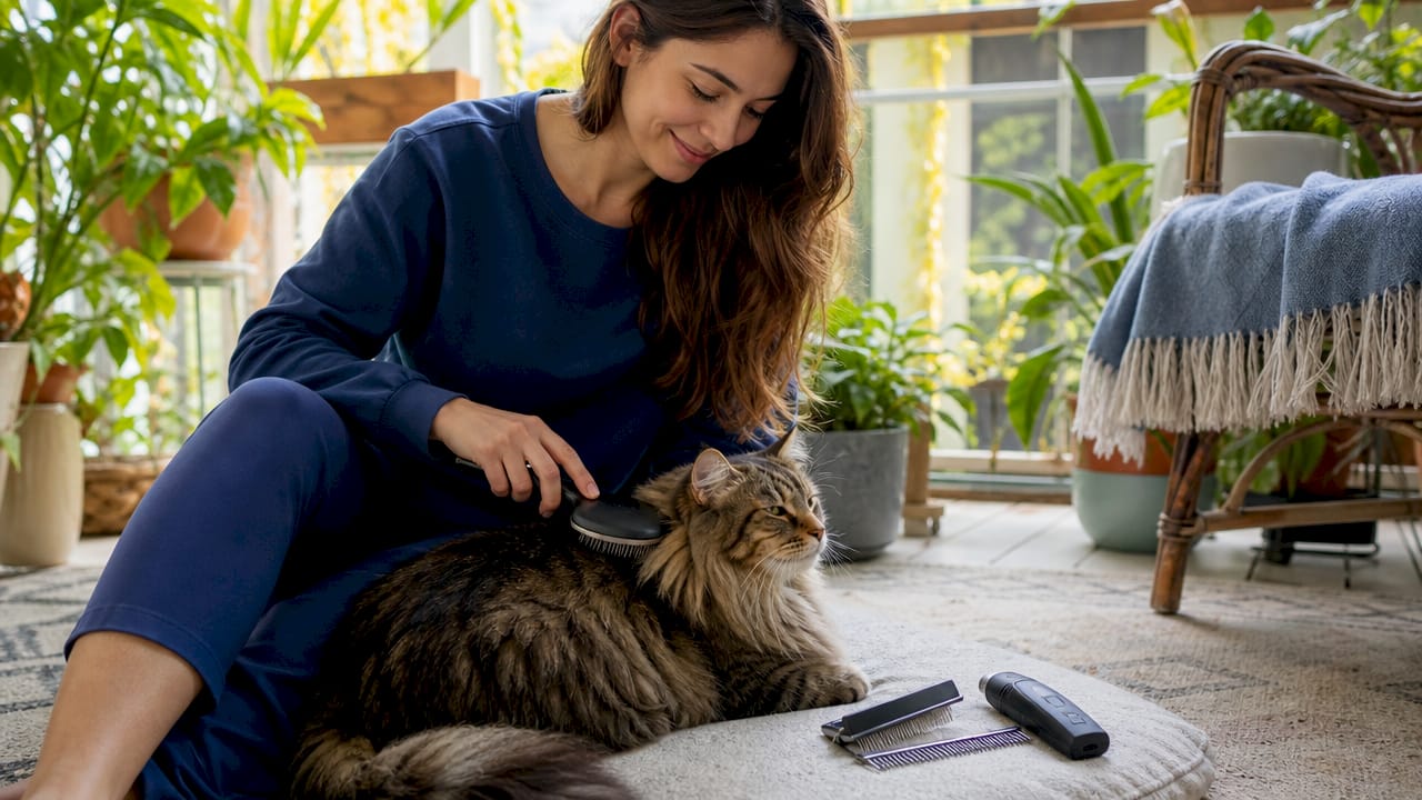 Woman gently brushing cat fur at home