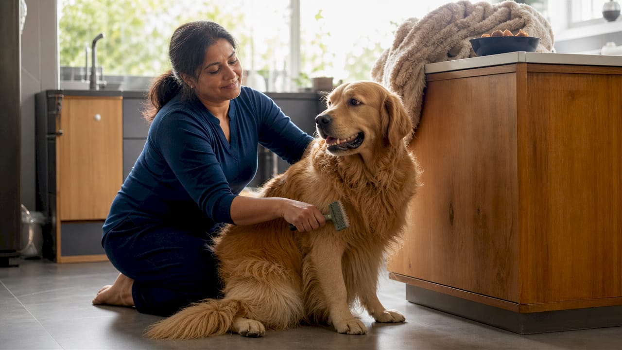 Calm woman grooming golden retriever at home