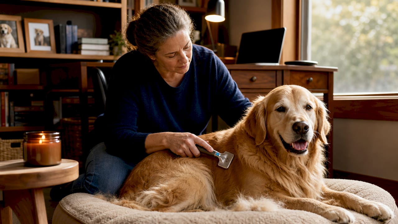 Woman brushing golden retriever indoors