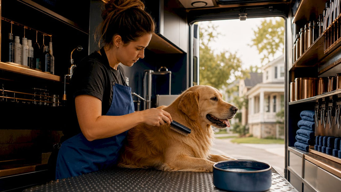 Pet groomer grooming dog inside mobile grooming van