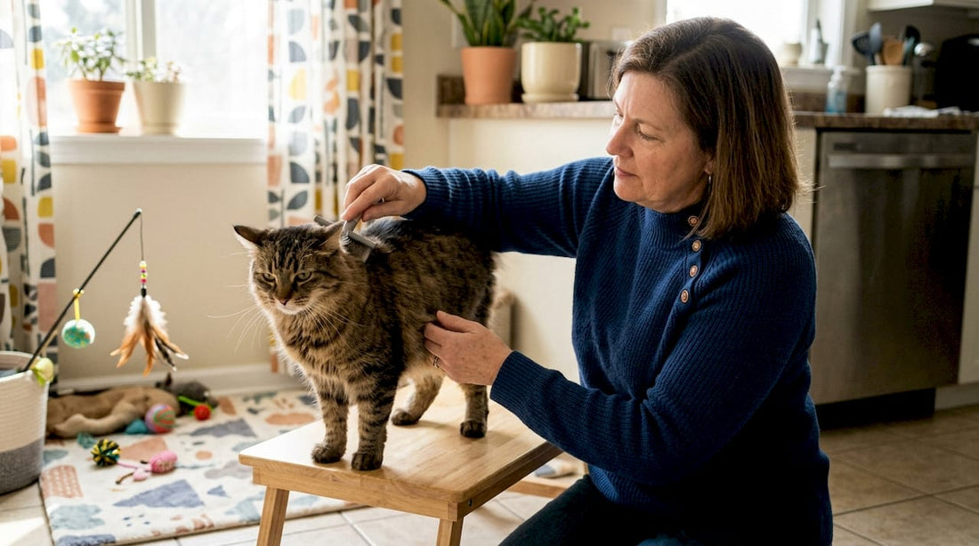 Woman grooming tabby cat showing stress signs