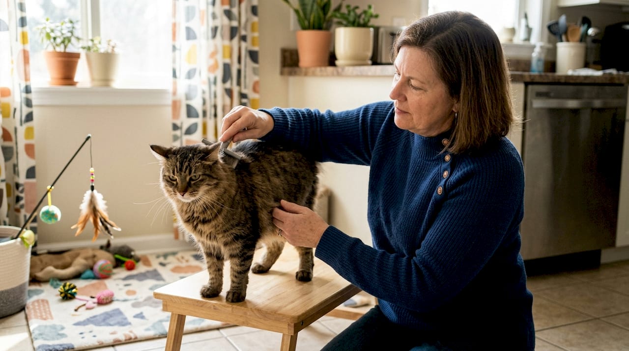 Woman grooming tabby cat showing stress signs