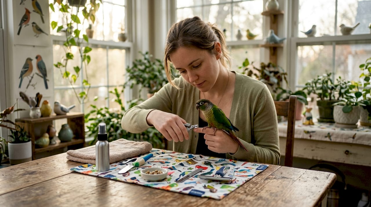 Woman grooming pet parrot indoors