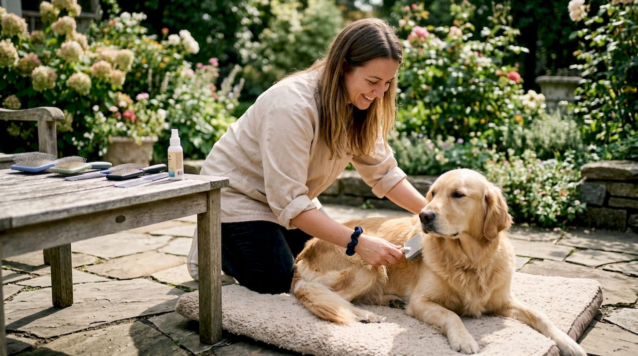 Groomer brushing relaxed dog during cooperative care