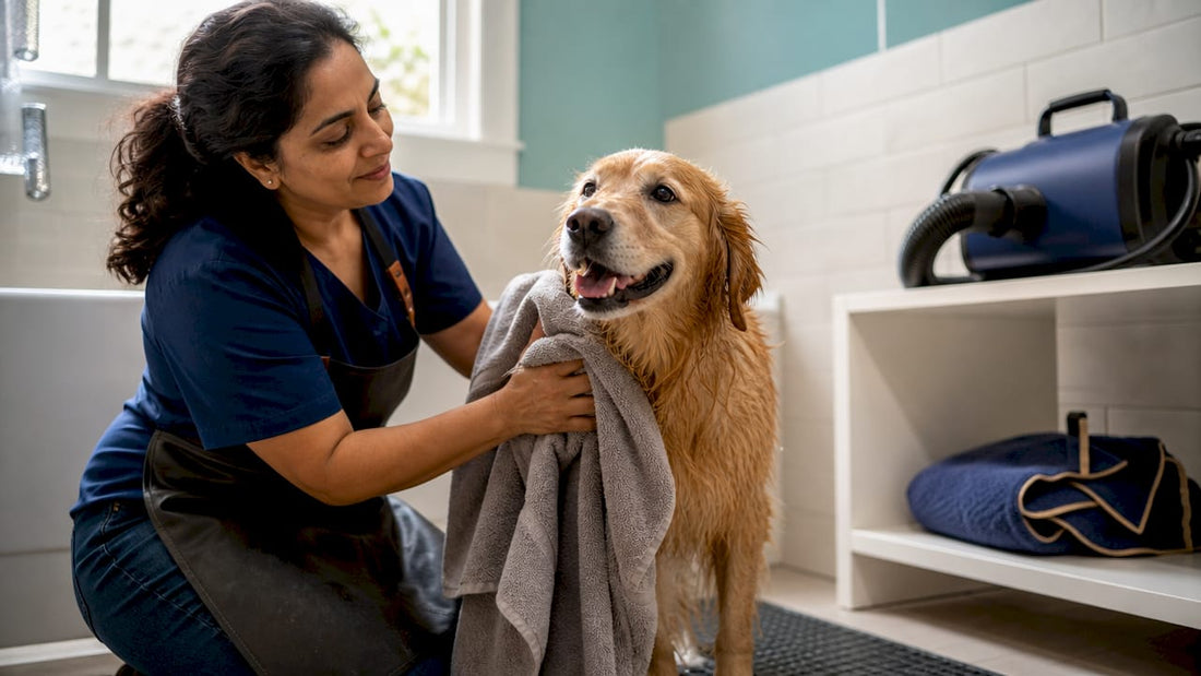 Woman towel drying golden retriever indoors