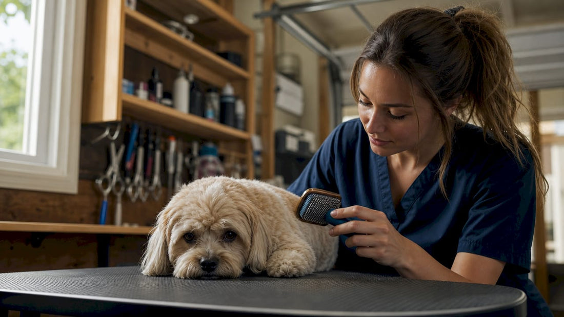 Pet groomer calming anxious dog in salon
