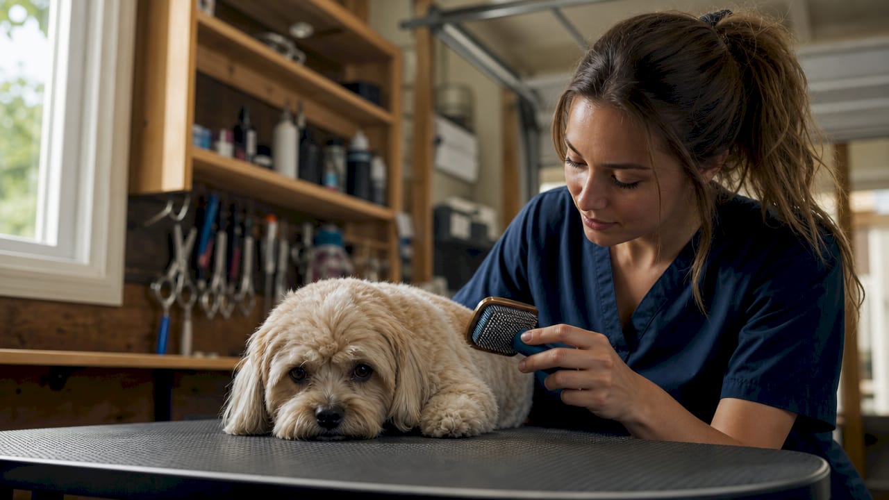 Pet groomer calming anxious dog in salon