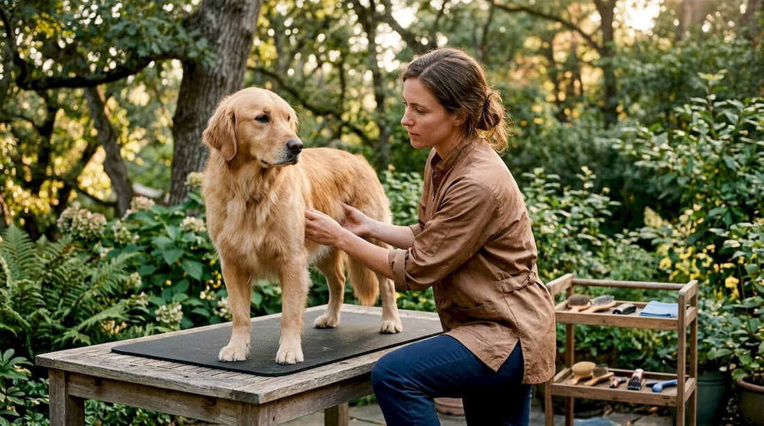 Pet groomer performing health palpation on golden retriever