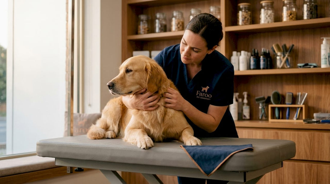 Groomer safely restraining dog during grooming session