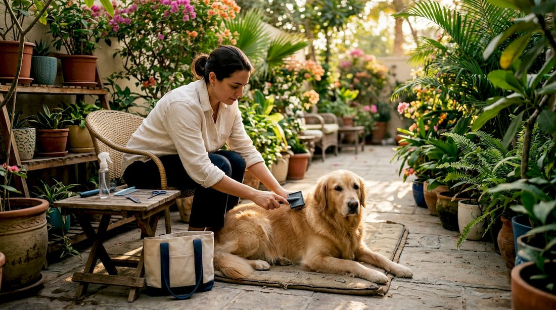 Woman grooming golden retriever indoors