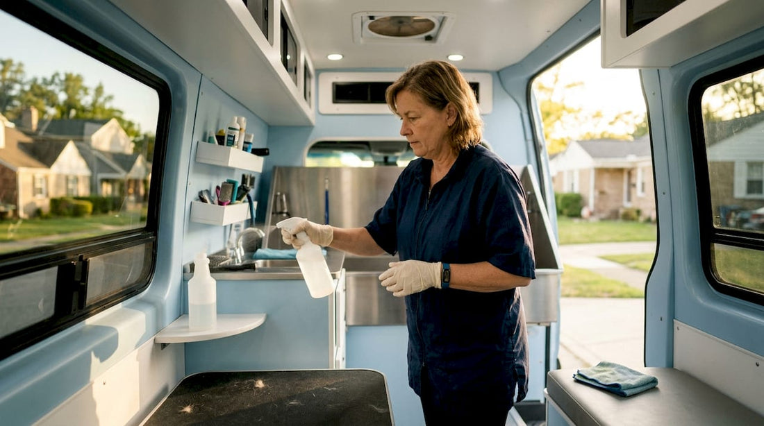 Woman disinfecting mobile pet grooming van interior
