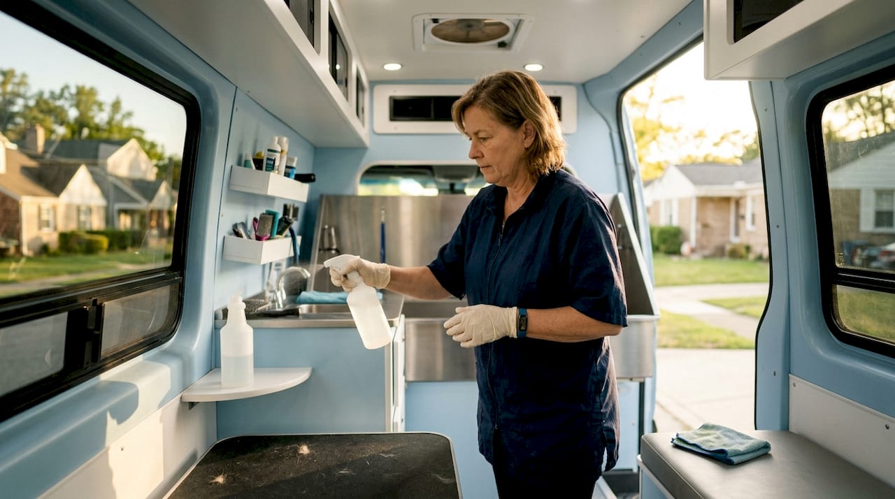 Woman disinfecting mobile pet grooming van interior