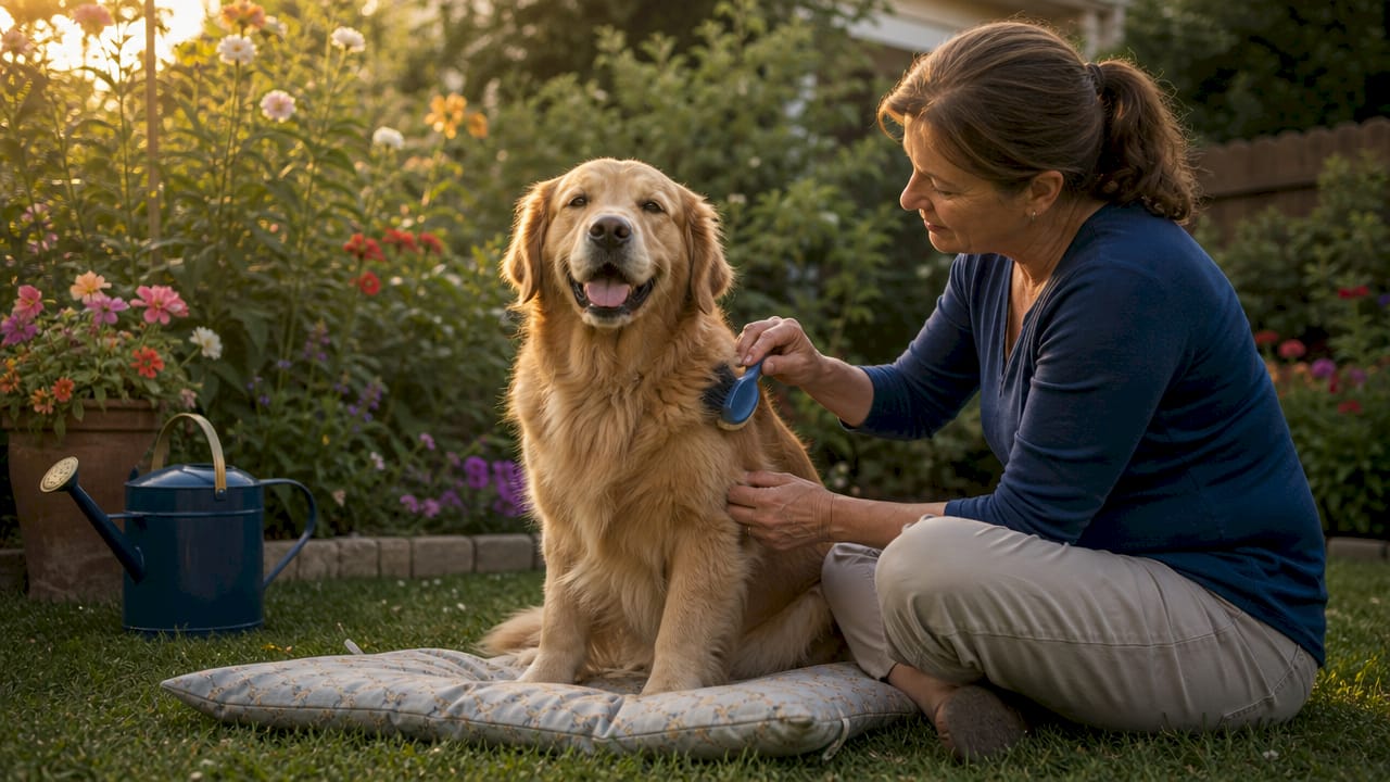 Woman grooming golden retriever at home