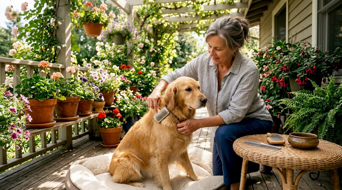 Woman brushing golden retriever indoors