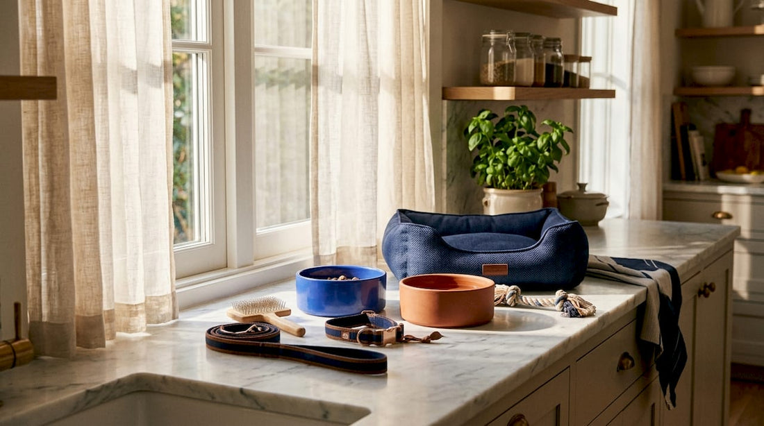 Assortment of essential pet care accessories at home