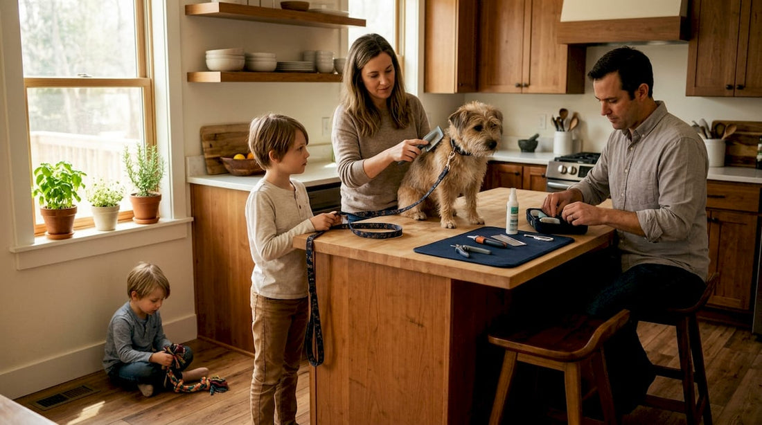 Family grooming their dog quickly at home