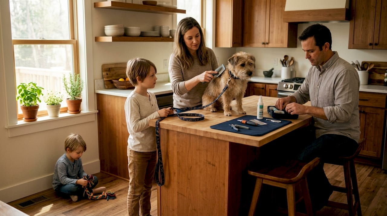 Family grooming their dog quickly at home