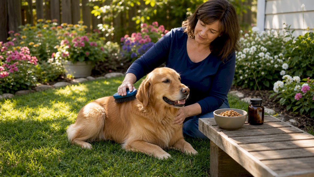 Woman brushing dog's healthy golden coat