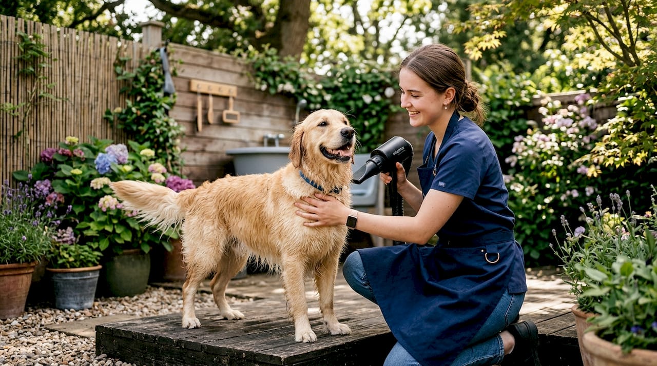 Groomer drying golden retriever in bright studio