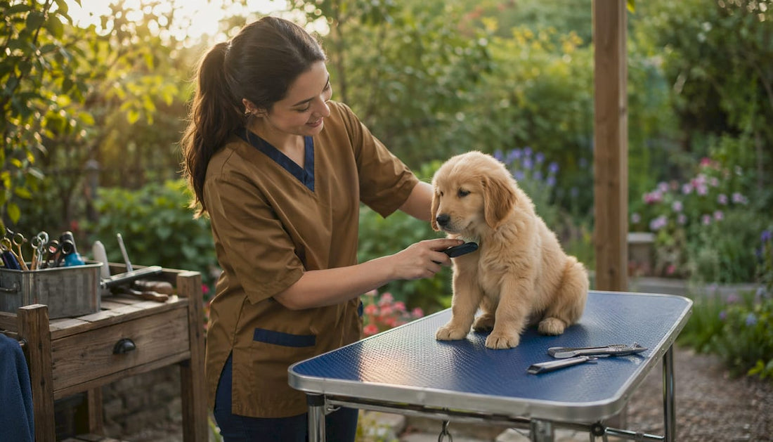 Pet groomer brushing puppy in grooming salon