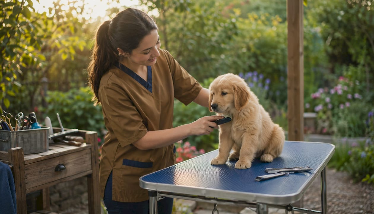 Pet groomer brushing puppy in grooming salon
