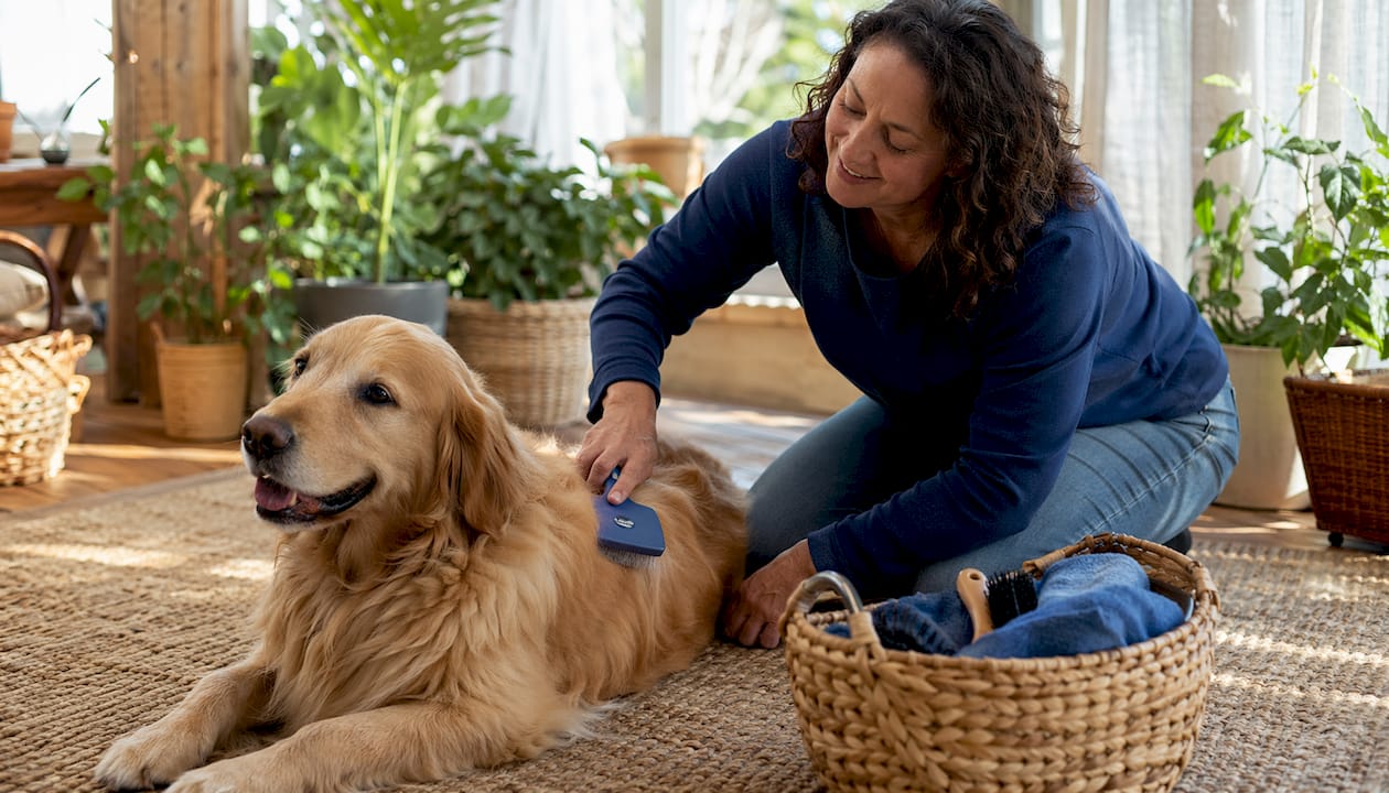 Woman brushing calm golden retriever indoors