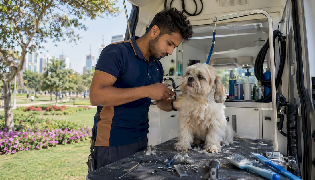 Mobile pet grooming van with groomer and dog in Dubai