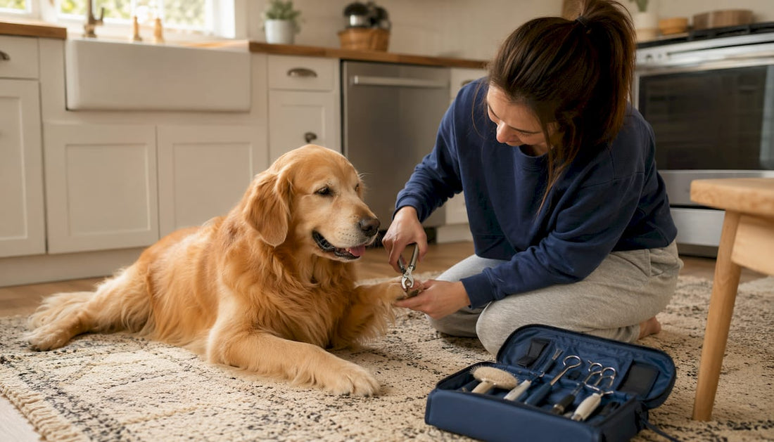 Owner trimming dog nails with clippers indoors