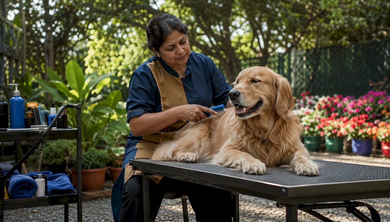 Groomer brushing golden retriever in salon