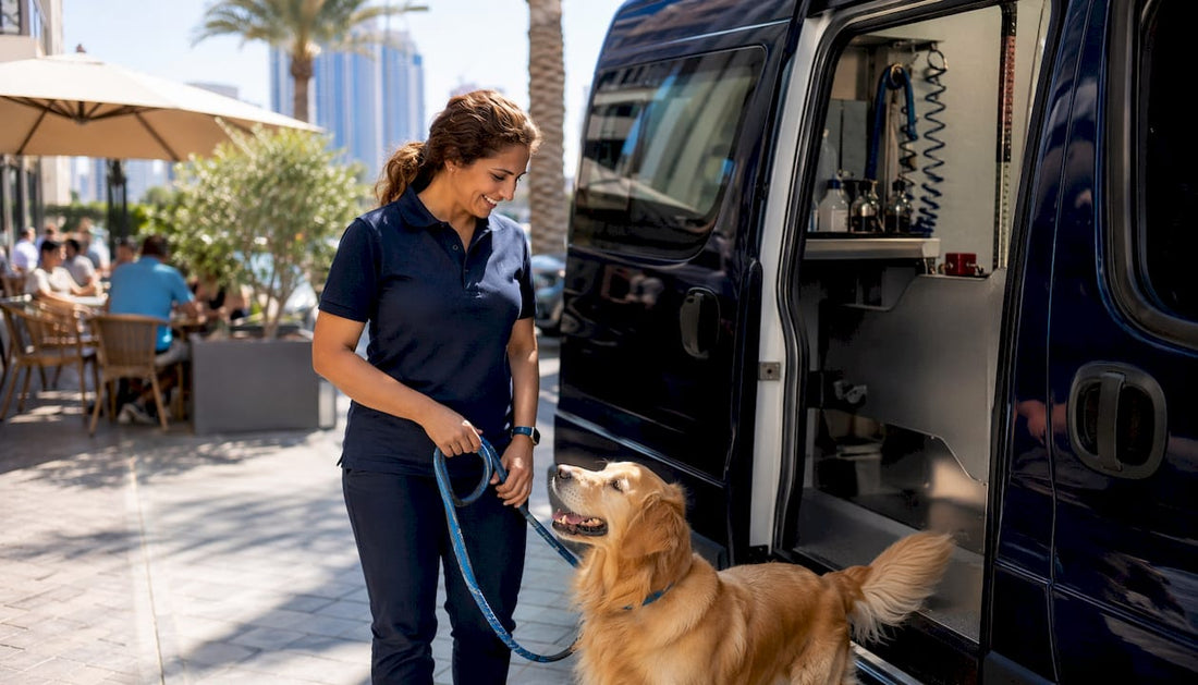 Woman with dog at mobile grooming van in Dubai