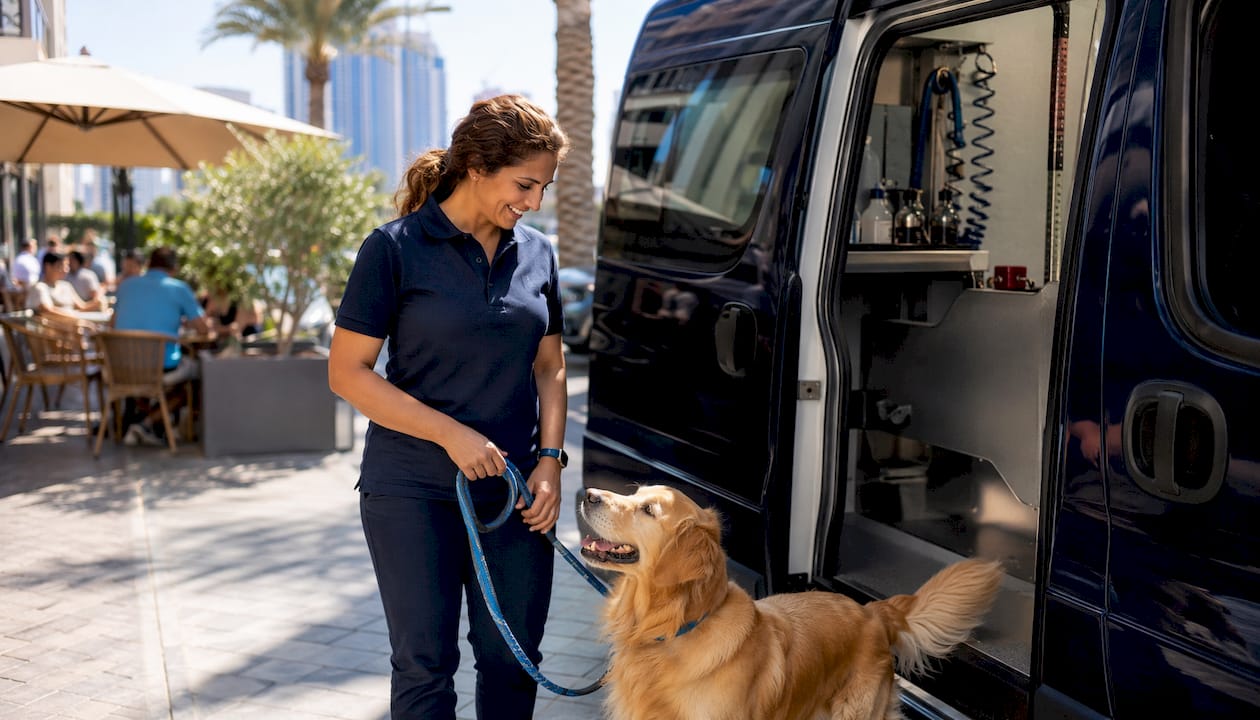Woman with dog at mobile grooming van in Dubai