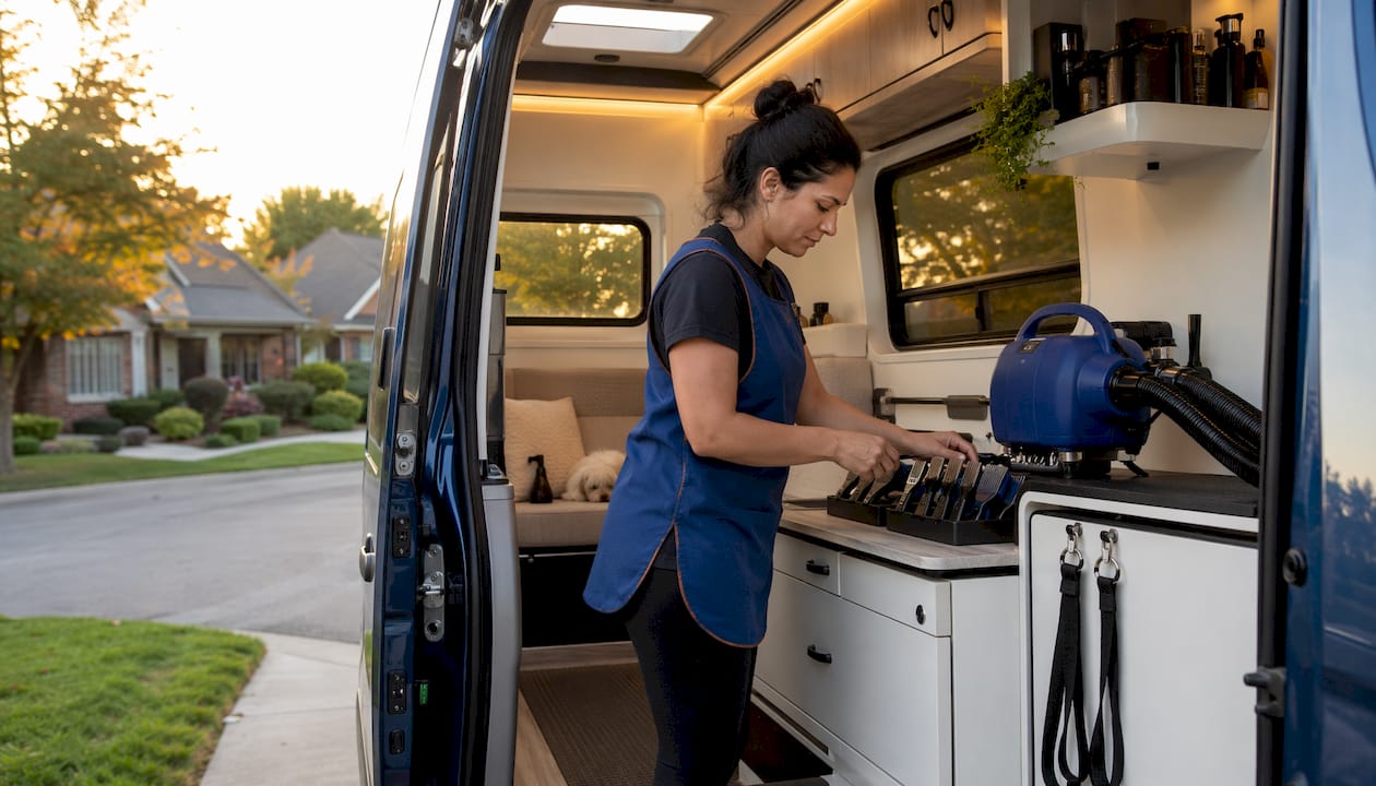 Mobile groomer arranging noise-reduction tools in van