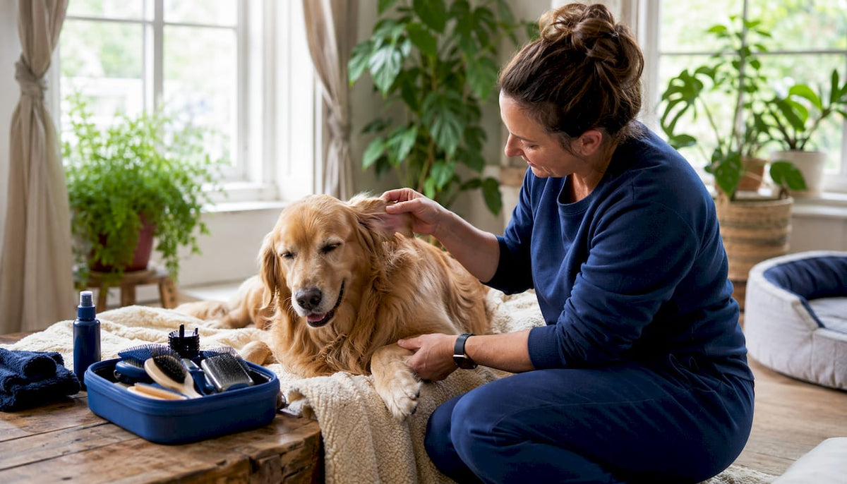 Woman gently checking dog’s skin