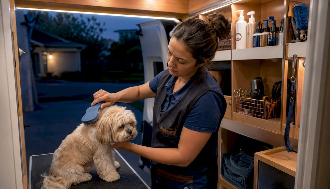 Mobile pet groomer brushing small dog inside grooming van