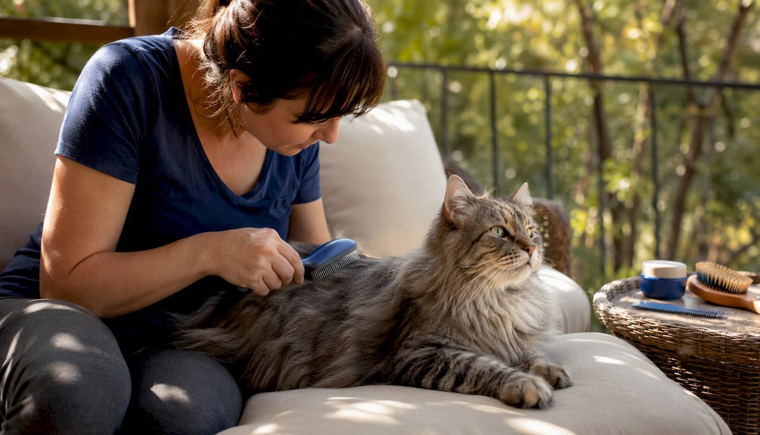 Woman brushing cat to prevent hairballs