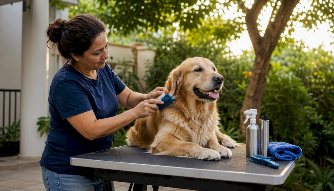 Woman brushing golden retriever preparing grooming
