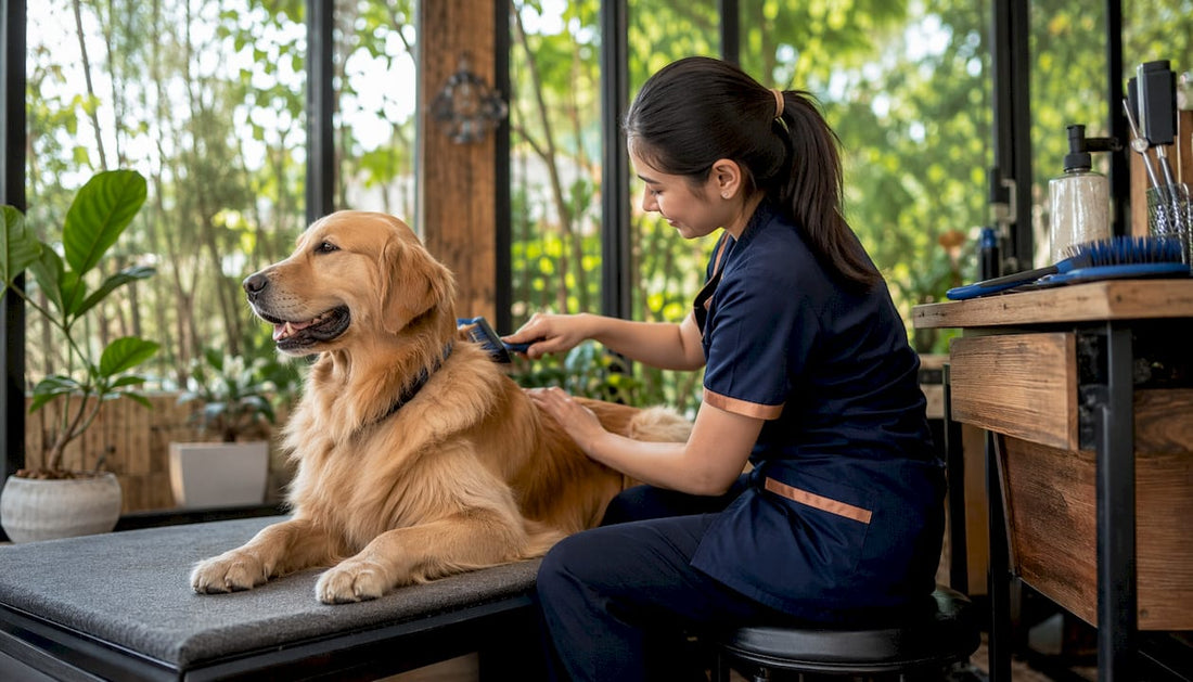 Groomer calmly brushing dog in gentle environment