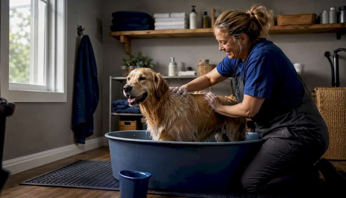 Woman conditioning golden retriever's coat in bathroom