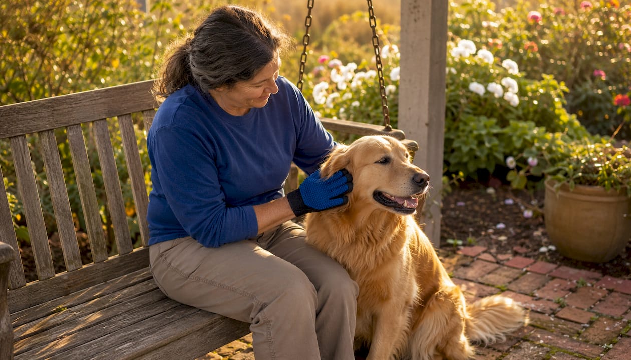 Woman brushing golden retriever indoors