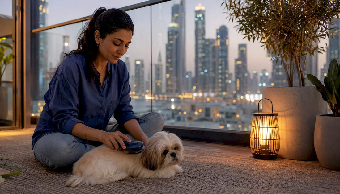 Dubai woman grooming small dog at home