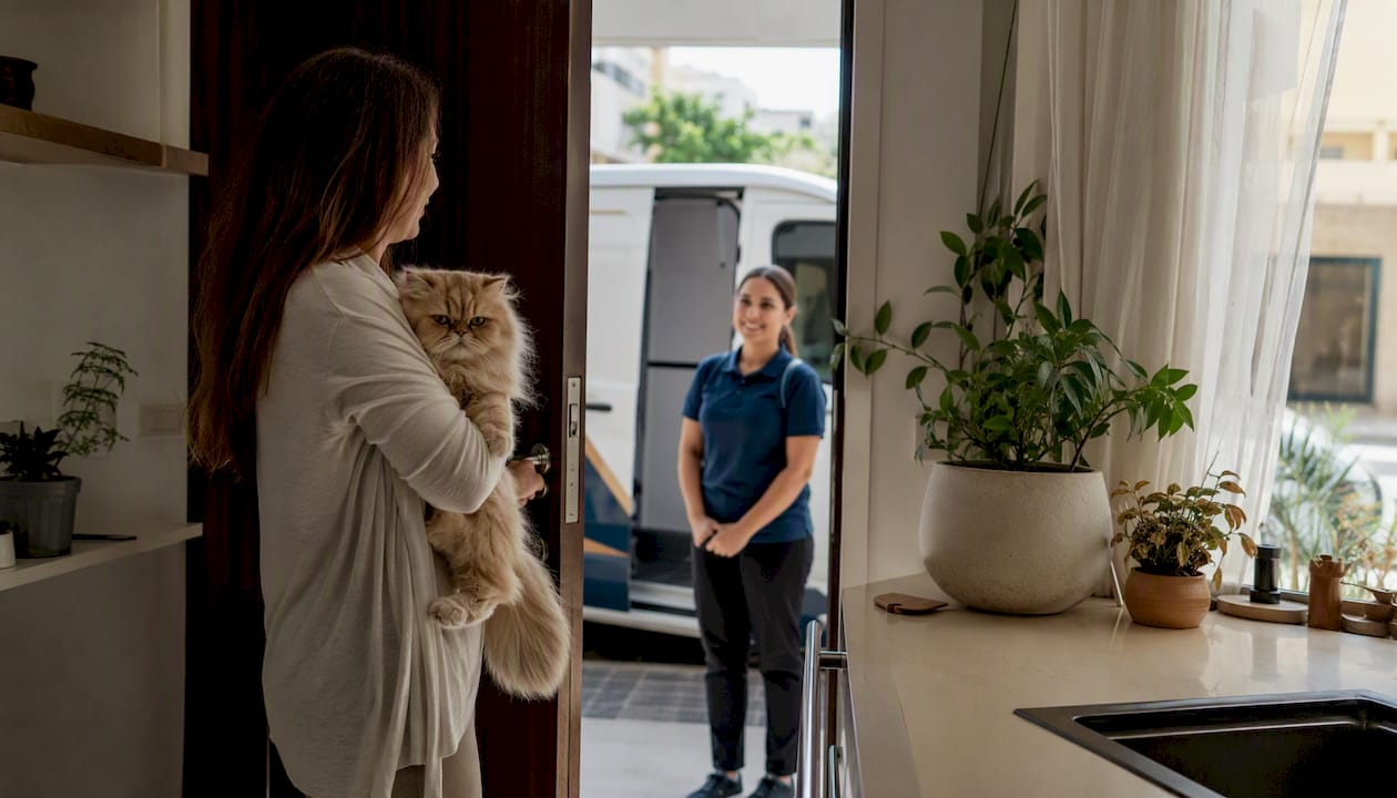 Pet owner welcoming mobile groomer at home door
