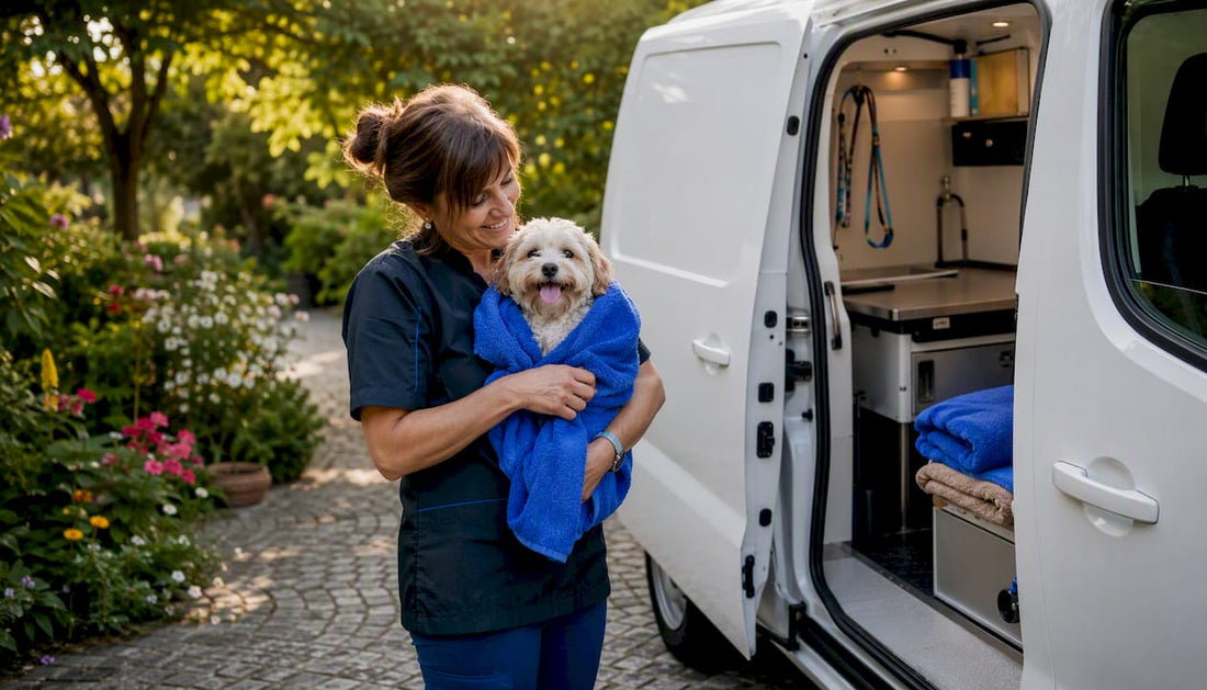 Mobile pet grooming van with groomer and dog