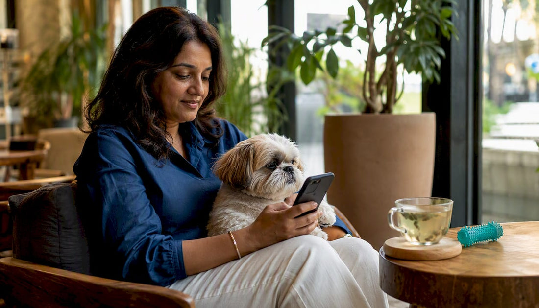 Woman booking pet grooming on phone with dog