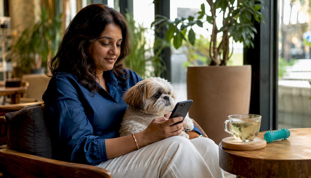 Woman booking pet grooming on phone with dog