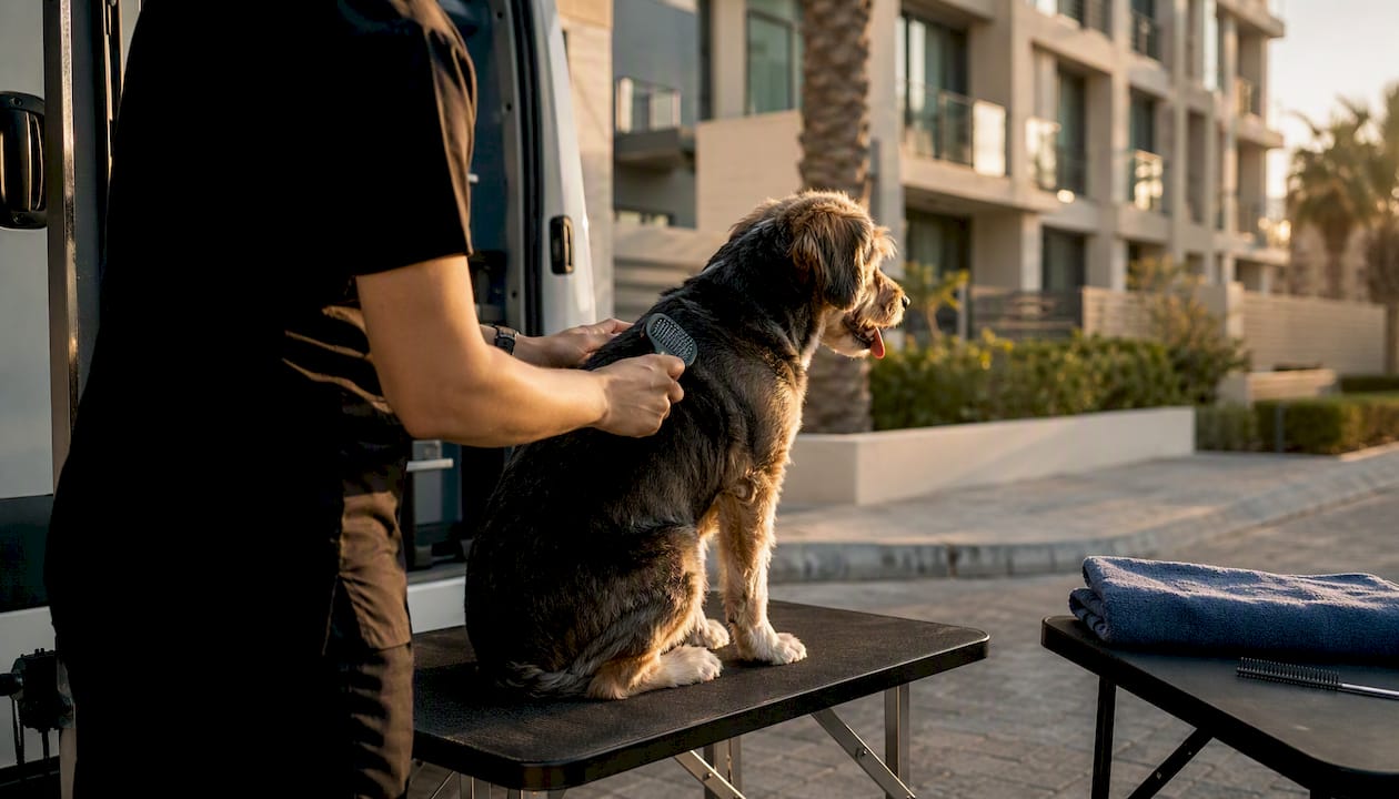 Mobile pet grooming van with dog being groomed