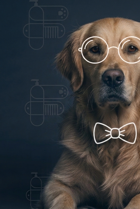 A golden retriever dog wearing round wire glasses and a white bow tie, posed against a dark navy studio background with faint repeated Faroopets watermark graphics.